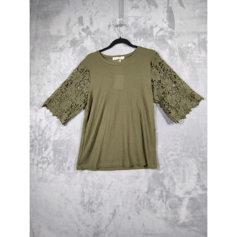 Grace + Emma Womens Olive Green Waffle Knit Crochet Lace Sleeve Top Medium NEW